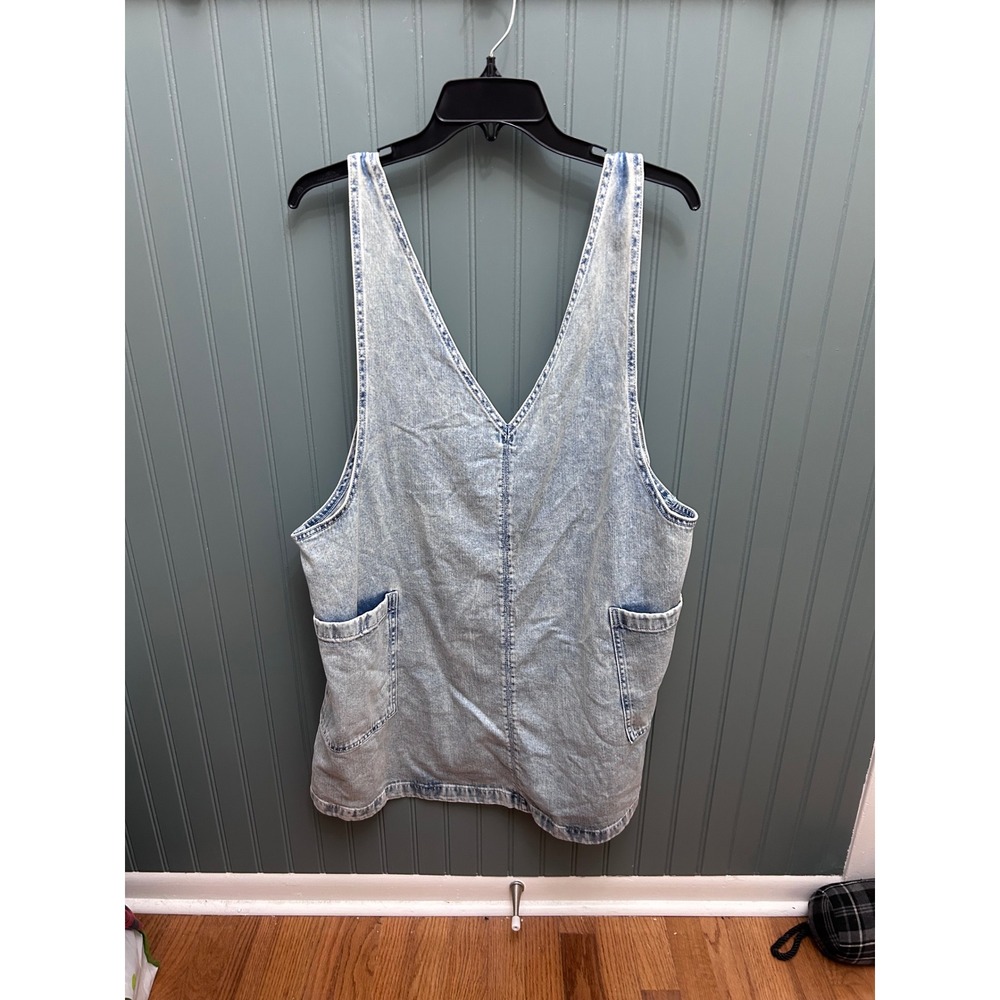 Aerie Womens XL Light Wash Denim Pinafore Dress Acid Wash V-Neck Mini Jumper